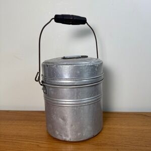 Vintage Comet Aluminum Mining Camping Stacking Lunch Box Wood Handle Made in USA